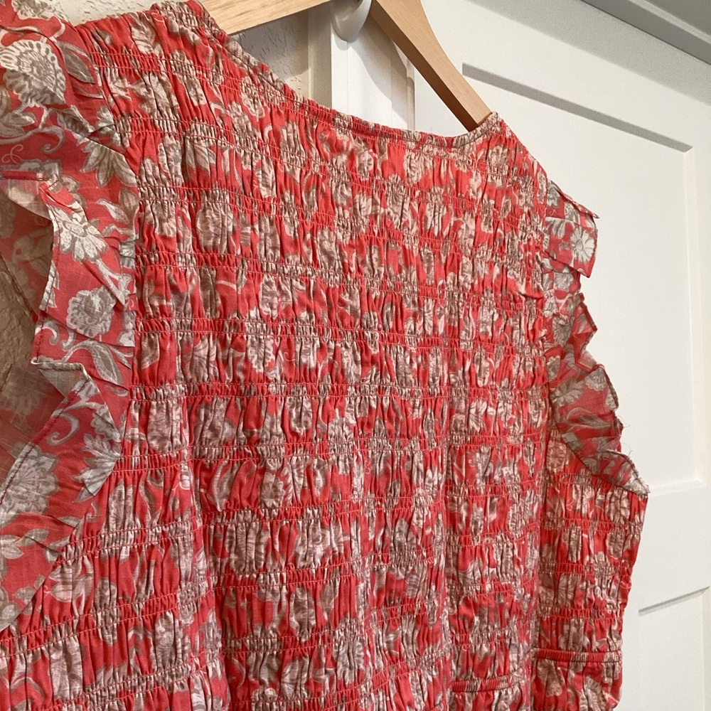 Anthropologie Peregrine Mini Dress Sleeveless V-Neck Smocked New 2X Coral Floral - Picture 10 of 14